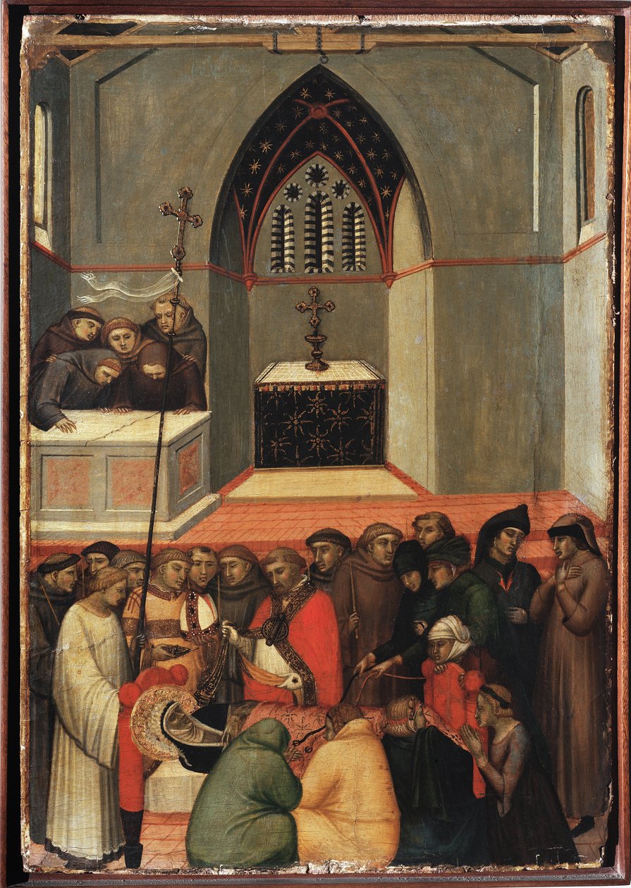جسد القديس تواضع المستخرج من القبور لم يفسد (Polyptych من حياة القديس التواضع) - Detrempe على الخشب القرن الرابع عشر بواسطة بيترو لورينزيتي