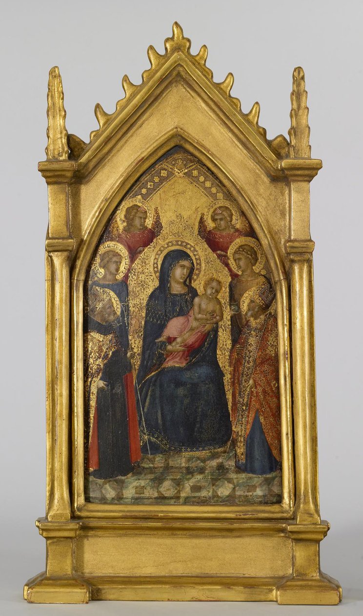 العذراء والطفل مع القديسين أوغسطين ونيكولاس وكاترين ولوسي والملائكة ، 1340-45 (درجة الحرارة وأوراق الذهب على اللوحة) بواسطة بيترو لورينزيتي