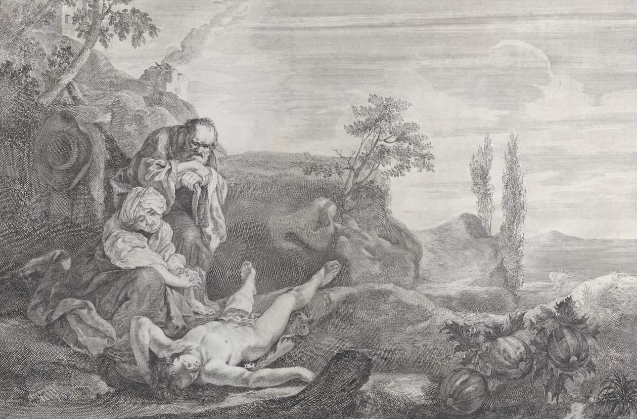 آدم وحواء على اليسار ، كزوجين مسنين ، ينوحون على جثة هابيل التي ترقد في ... ، 1743-1763. بواسطة بيترو موناكو