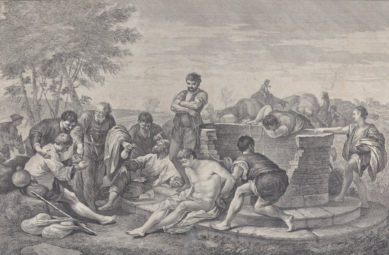 بيع يوسف كعبيد من قبل إخوته الجالسين حول بئر يقسم ج ... ، 1730-1739. بواسطة بيترو موناكو
