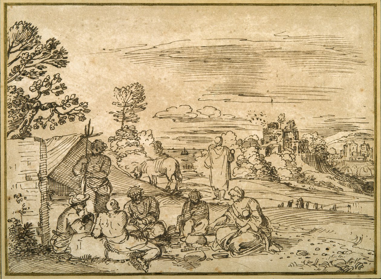 Landscape with gypsies bivouacking (pen & brown ink on paper) بواسطة Pietro Paolo (Attr. To) Bonzi