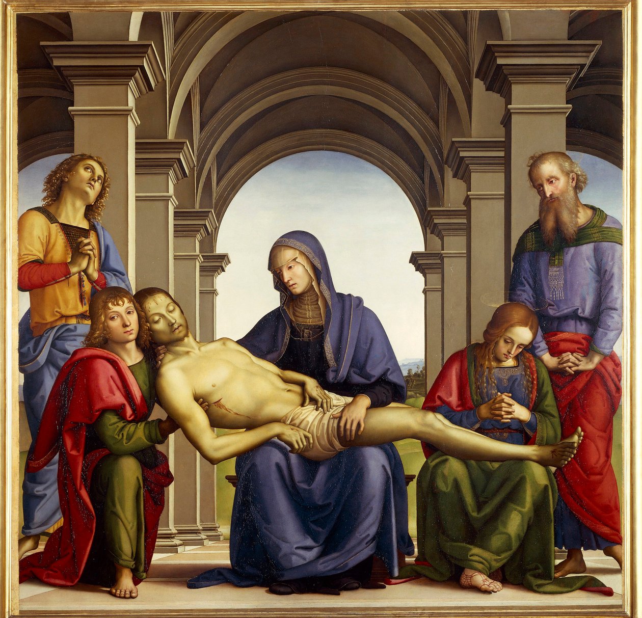 Pieta Are depicted around the body of Jesus Christ: Saint Joseph of Arimathia, Saint Nicodema, Saint Mary Magdalene, Saint John and the Virgin Mary. Painting by Pietro di Cristoforo Vannucci dit Le Perugin (Il Perugino بواسطة بيترو بيروجينو