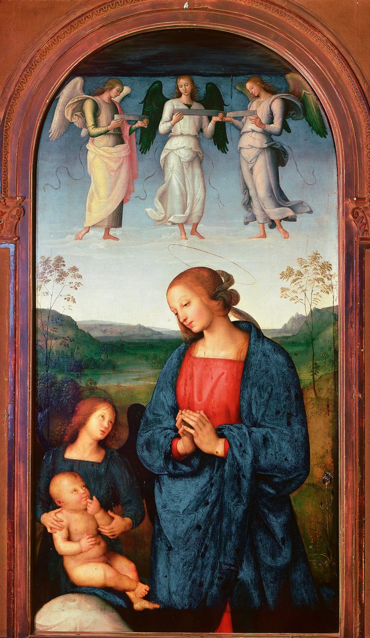 Polyptych of the Chartreuse of Pavia: "" مادونا لديها الطفل وثلاثة ملائكة "" لوحة لبيترو فانوتشي ديت إيل بيروجينو (بيروجينو بواسطة بيترو بيروجينو