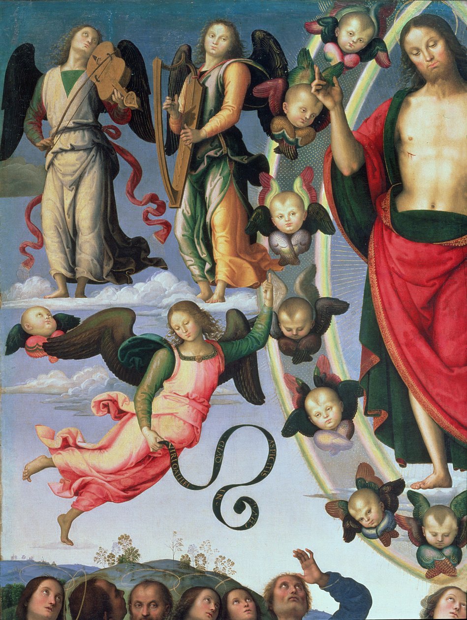 صعود المسيح ، تفاصيل المسيح والملائكة الموسيقيين ، القسم العلوي الأيمن ، زيت 1495-98 على تفاصيل لوحة 89700 بواسطة بيترو بيروجينو