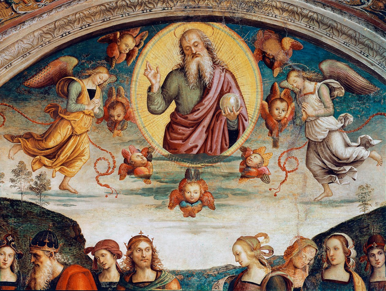 The Lord surrounds with prophecies and sibyls Detail representing the Lord Almighty. Fresco by Pietro Vannucci dit il Perugino (Perugin) (1448-1523) 1500 Dim. 229x370 cm Perugia, Collegio del Cambio بواسطة بيترو بيروجينو