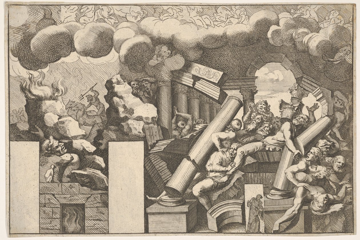 عمالقة سحقتهم الصخور والأعمدة المتساقطة في المعبد ، غيوم الدخان فوق ... ، كاليفورنيا. 1680. بواسطة بيترو سانتي بارتولي