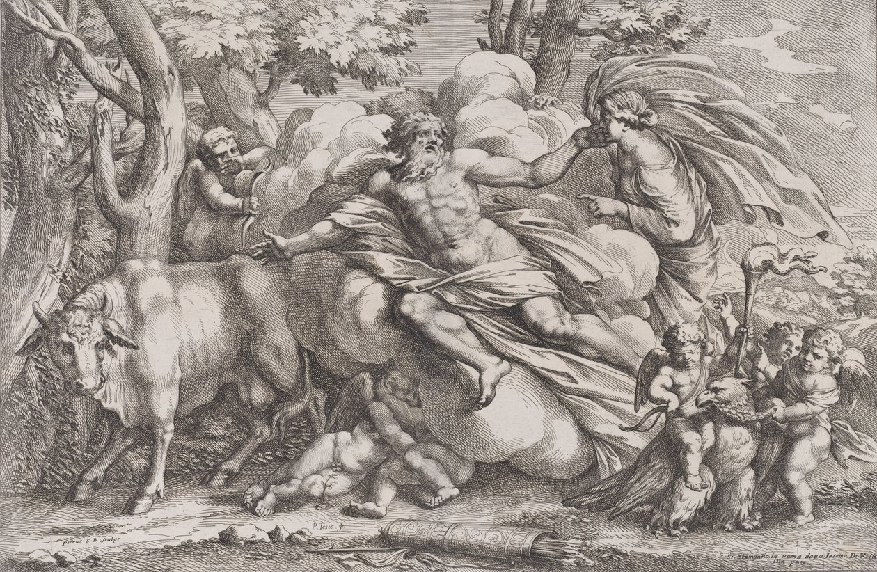 آيو على اليسار كبقرة ، والمشتري على سحابة في الوسط وجونو على اليمين مع بو ... ، 1650-90. بواسطة بيترو سانتي بارتولي