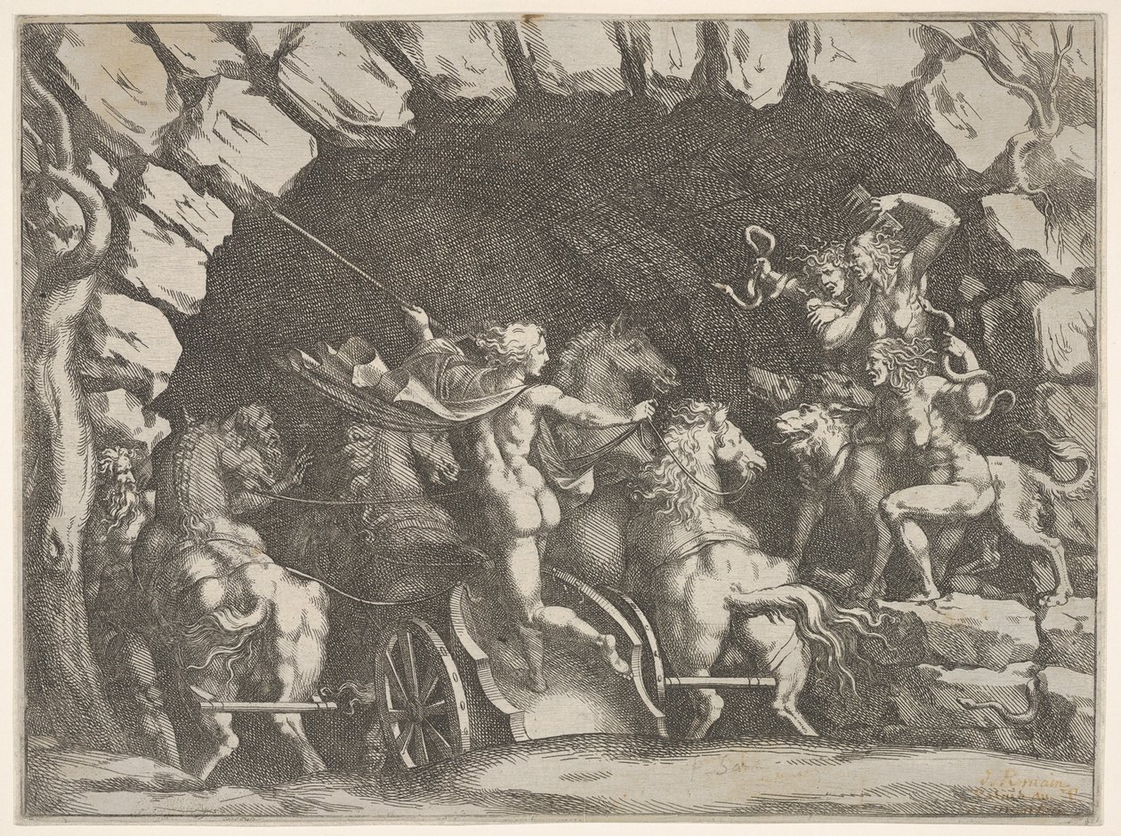 بلوتو ، ينظر إليه من الخلف ، ويدخل Underwold على كرسيه ، Cereberus وثلاثة Fu ... ، كاليفورنيا. 1680. بواسطة بيترو سانتي بارتولي