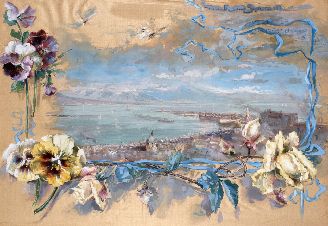View of Naples through pansies (painting on silk) بواسطة بيترو سكوبيتا