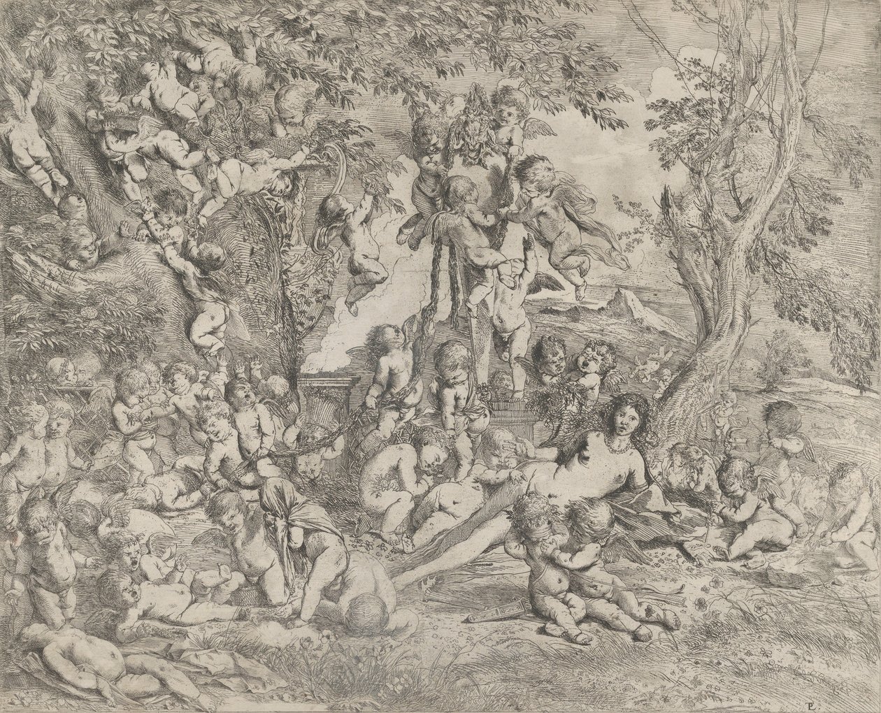 حديقة الزهرة التي تتكئ في الوسط أمام نسك من عموم وتحيط بها ... ، كاليفورنيا. 1631-37. بواسطة بيترو تيستا