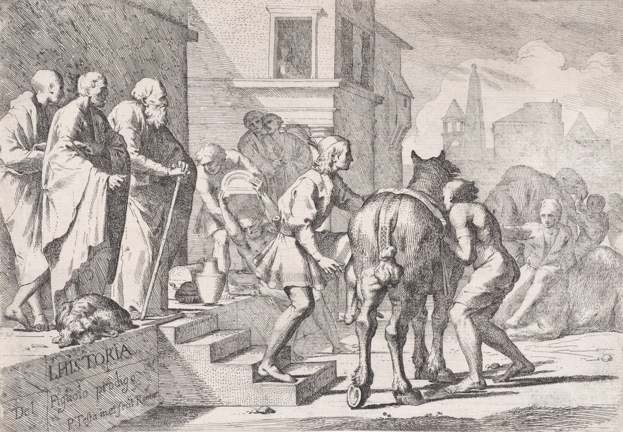 رحيل الابن الضال ، الذي يظهر على وشك ركوب حصان ، من سلسلة من أربعة ... ، كاليفورنيا. 1645. بواسطة بيترو تيستا