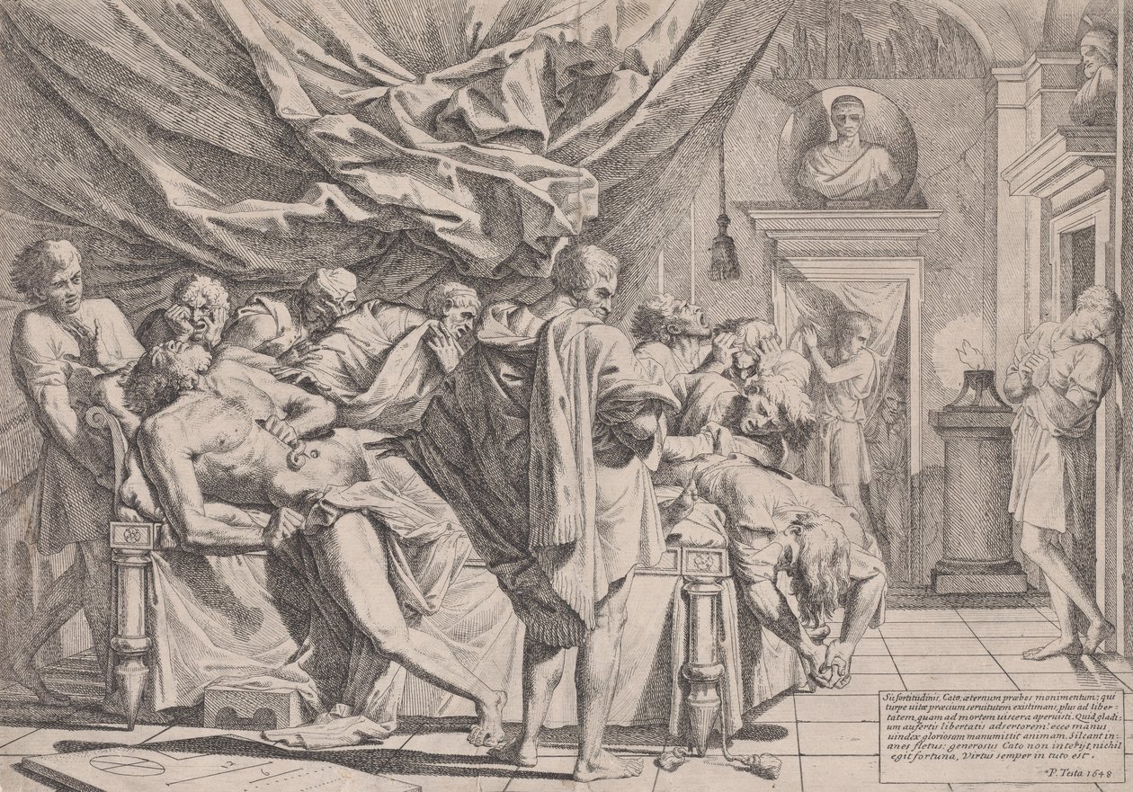 انتحار الفيلسوف كاتو ، الذي يرقد على سريره يسحب أحشائه ، شاهد عام 1648. بواسطة بيترو تيستا