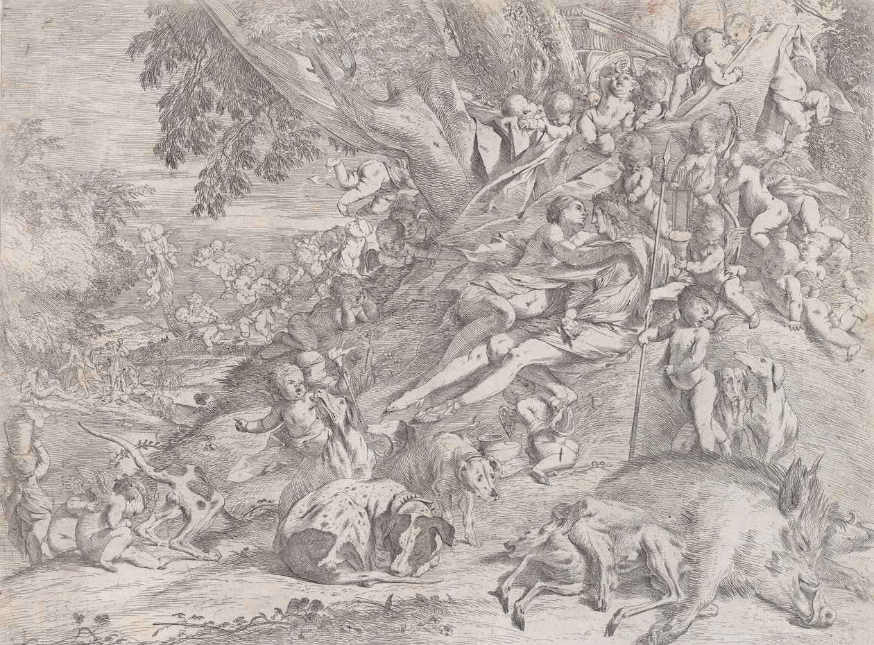 فينوس وأدونيس ، محاطان بالعديد من المعجون ، مستلقين بعد الصيد ، مع خنزير ميت ... ، 1631-1637. بواسطة بيترو تيستا