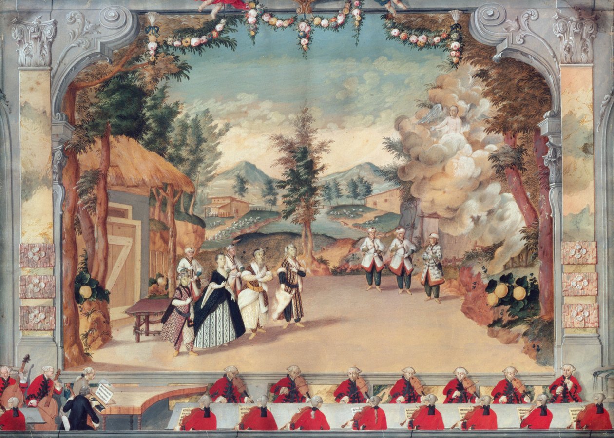 جوزيف هايدن (1732-1809) في العرض الأول لأوبراه "إينكونترو إمبروفيسو" في مسرح استرهازي ، 29 أغسطس 1775 بواسطة بيترو ترافاليا