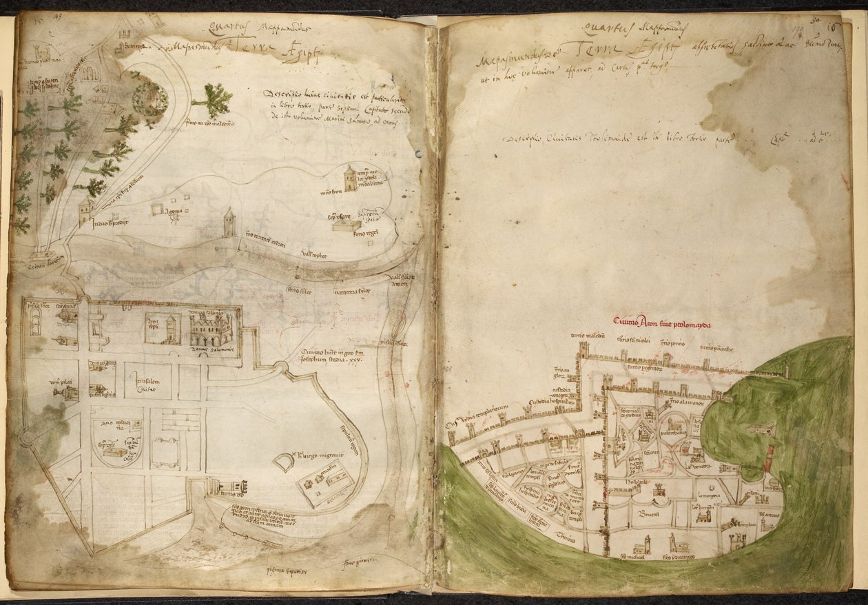 خرائط القدس وعكا ، من مارينو سانودو تورسيلو ، "كتاب أسرار مؤمني الصليب" ، ج .1320-1325 (لون الجسم على الرق) بواسطة بيترو فيسكونت