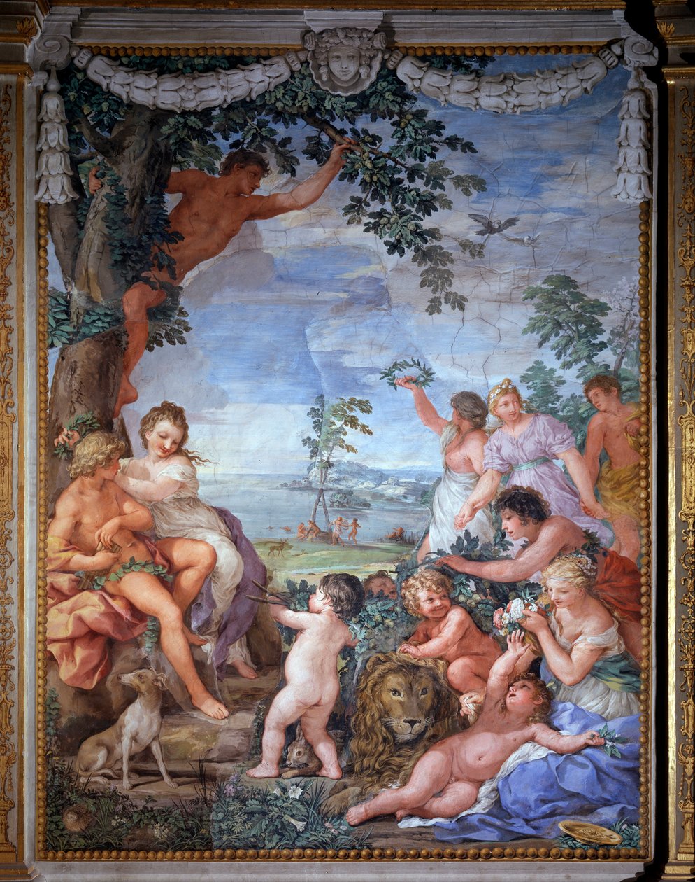 رمزية من العصور الأربعة ، العصر الذهبي فريسكو لبيترو دا كورتونا (حجر كورتونا) (1596-1669) 1637 Salle du Poele (Stanza della Stufa) ، Palatine Gallery ، Palazzo Pitti ، فلورنسا بواسطة بيترو دا كورتونا