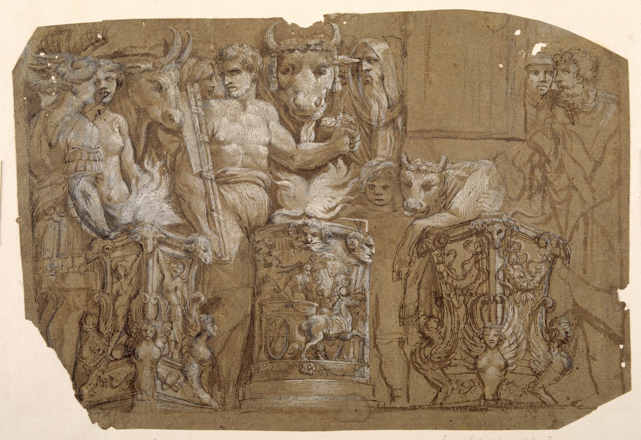 Antique sacrifice and the marriage of Perseus and Andromeda, after Polidoro da Caravaggio (c.1499-1543) (pen & brown ink with brown wash heightened with white body colour over preliminaries in black chalk on paper washed brown) بواسطة بيترو دا كورتونا