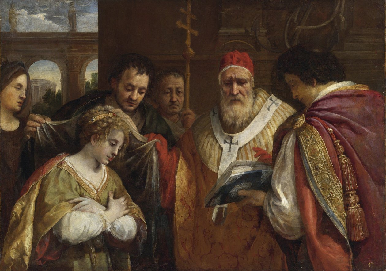 Flavia Domitilla (morte apres 95) recevant le voile du pape Clement I - Saint Domitilla تلقي الحجاب من البابا كليمنت الأول par Cortona ، بيترو دا (1596-1669). زيت على قماش ، الحجم: 123x172،7 ، مجموعة خاصة بواسطة بيترو دا كورتونا