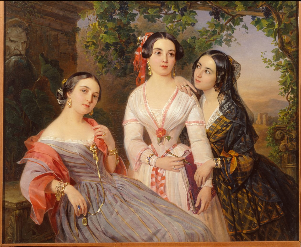 Portraits des soeurs la comtesse Elisabeth Salias de Tournemire (1815-1892) ، Sophia Soukhovo Kobylina (Soukhovo-Kobylina) (1825-1867) et Eudokia Petrovo Solovovo - Peinture de Pimen Nikitich Orlov (1812-1863) ، زيت على قماش بواسطة بيمين نيكيتيش أورلوف