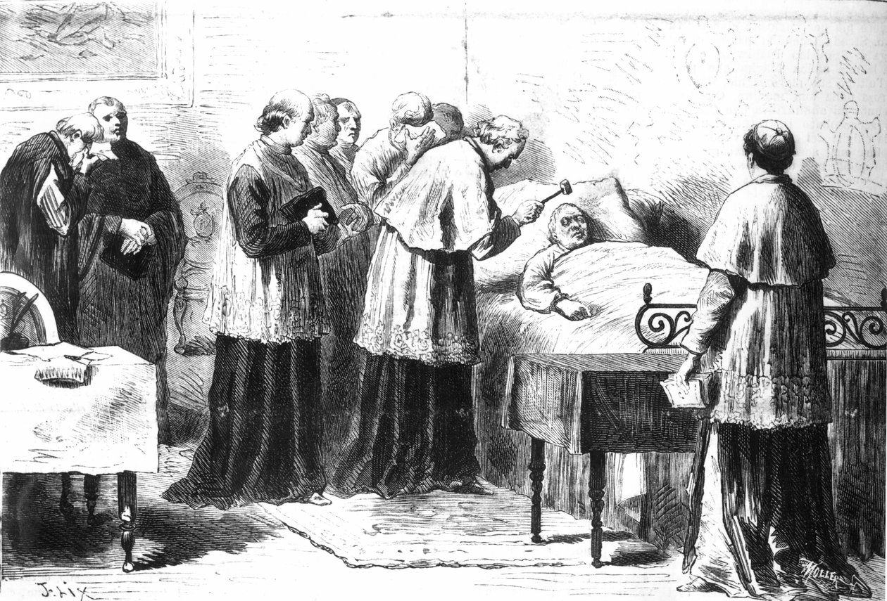 التحقق من وفاة بيوس التاسع عن طريق المطرقة الفضية ، من "Revista Illustrata" ، 24 فبراير 1878 بواسطة بيو جوريس