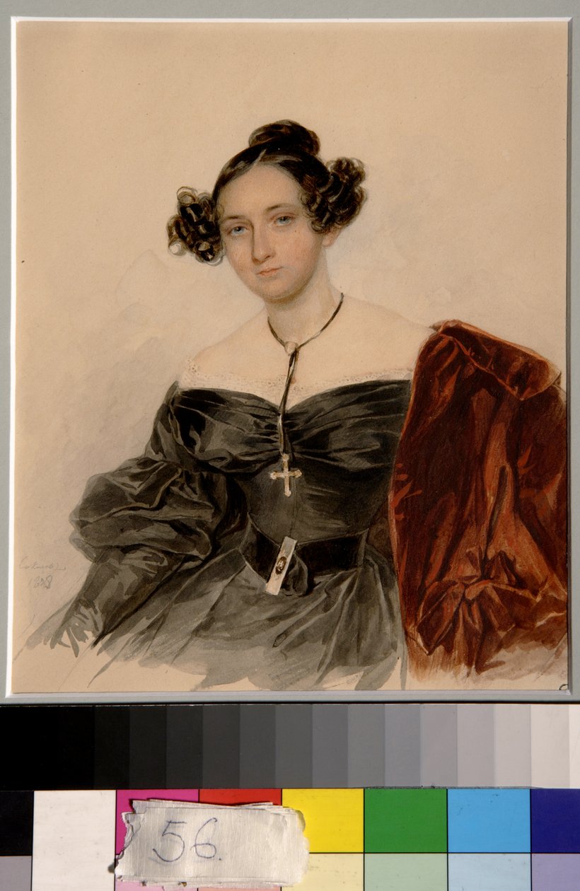 صورة للكونتيسة ناديجدا إيفانوفنا غوليتسينا ، ني كوتوسوفا (1796-1868) - عمل بيوتر (بيير) سوكولوف (1791-1848) ، ألوان مائية على ورق (20.2 × 16.5 سم) بواسطة بيوتر سوكولوف