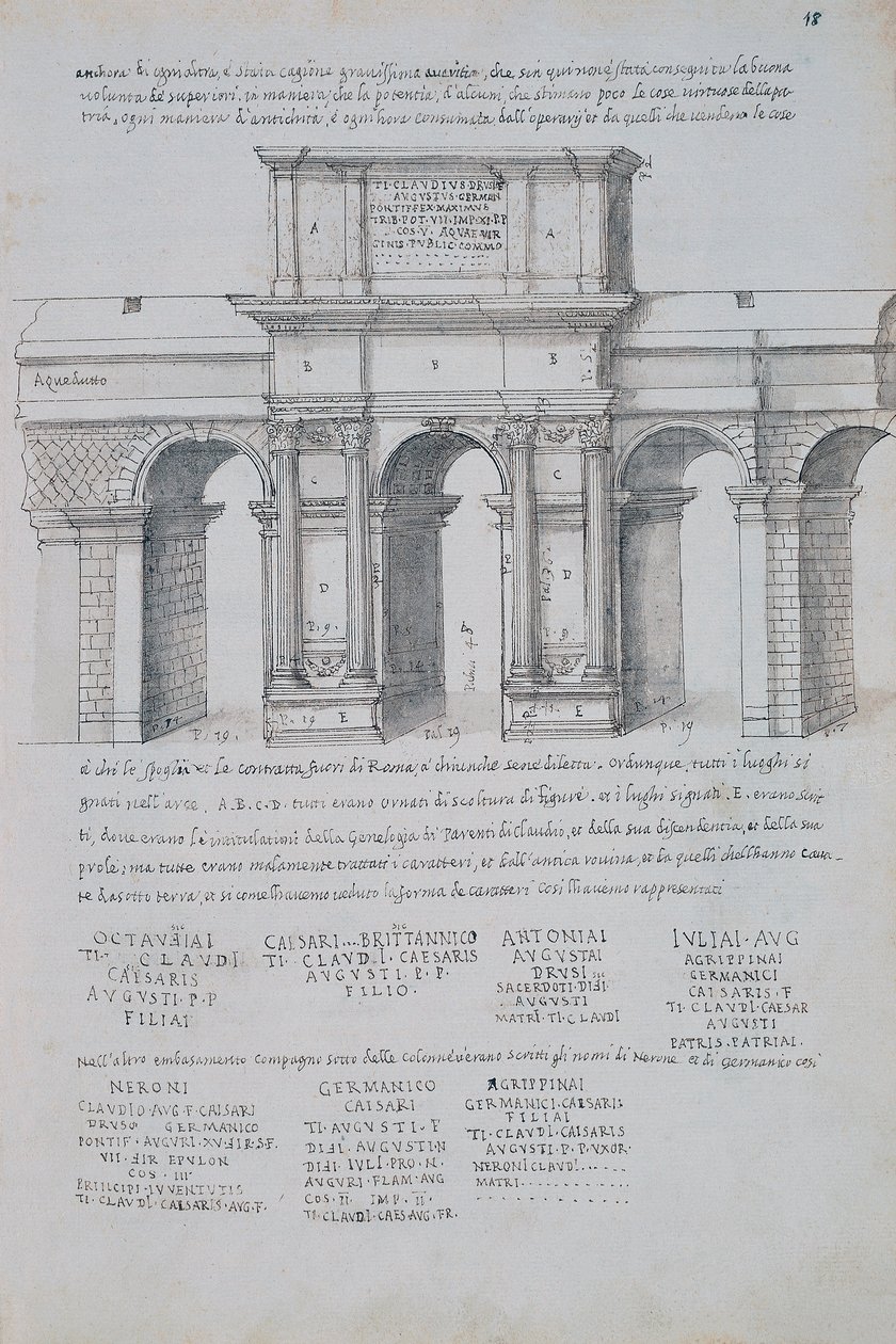 Arch of Claudius in Rome, drawing, from Roman Antiquities, by Pirro Ligorio (1513-1583) بواسطة Pirro Ligorio