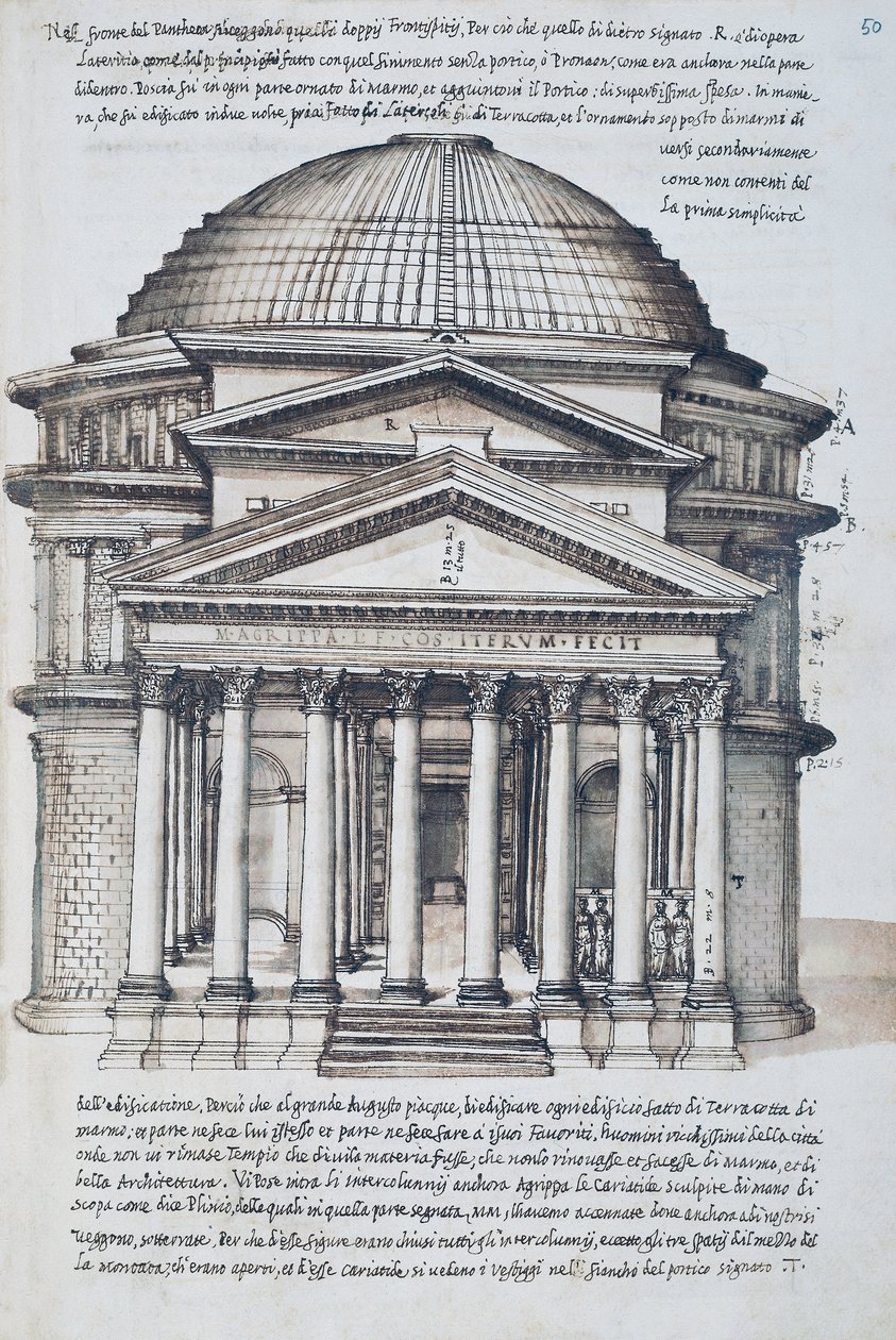 View of the Pantheon in Rome, drawing from volume XIII of XXX Libri delle Antichita (Books of Antiquities) بواسطة Pirro Ligorio