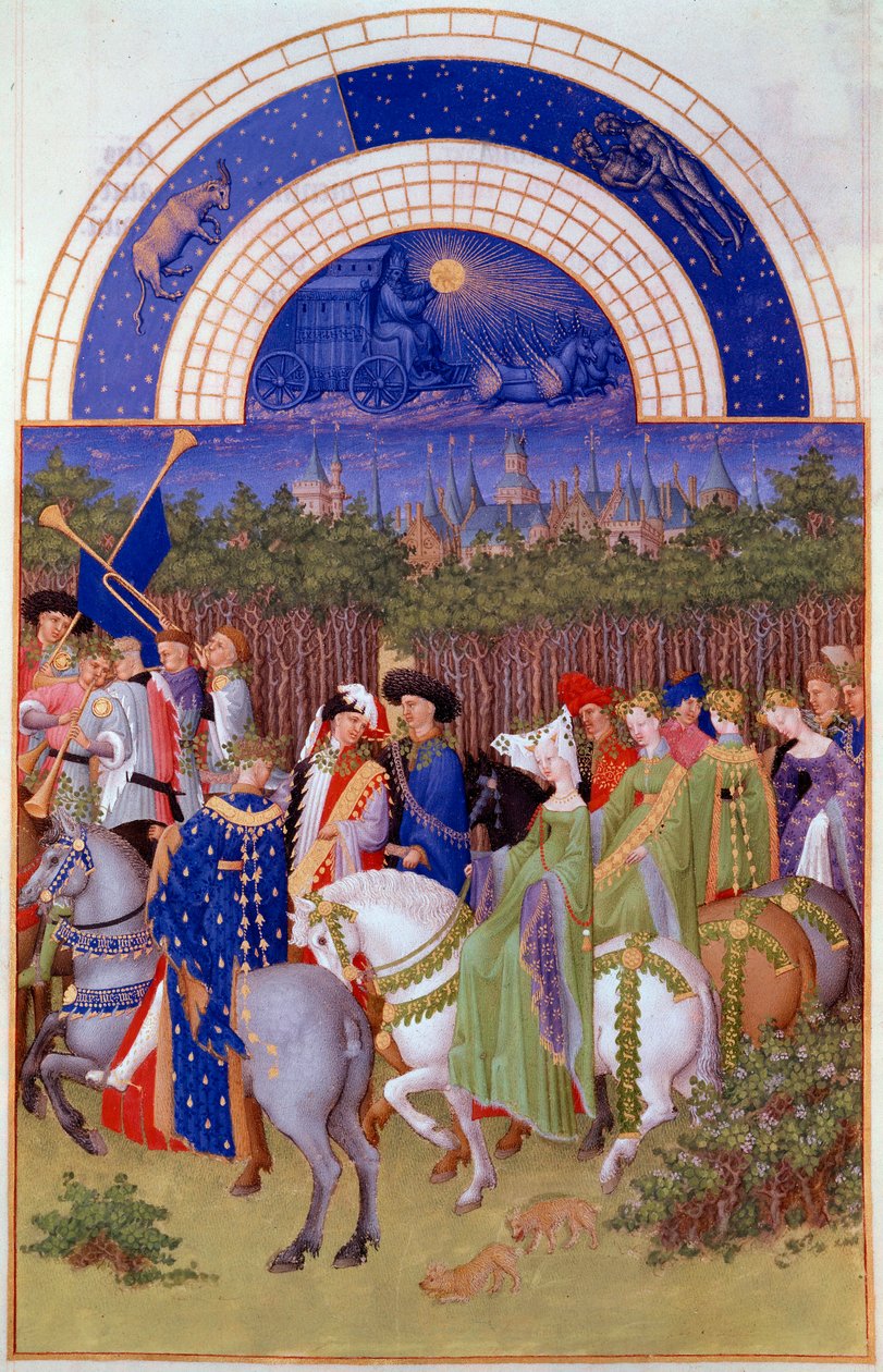 كورتيج للنبلاء والموسيقيين على ظهور الخيل ، منظر للقصر الدوقي في ريوم (؟) وشهر مايو. المنمنمة الفلمنكية لبول دي ليمبورغ (القرن الخامس عشر) من مخطوطة "الساعات الغنية جدًا لدوق بيري" بواسطة بول دي ليمبورغ