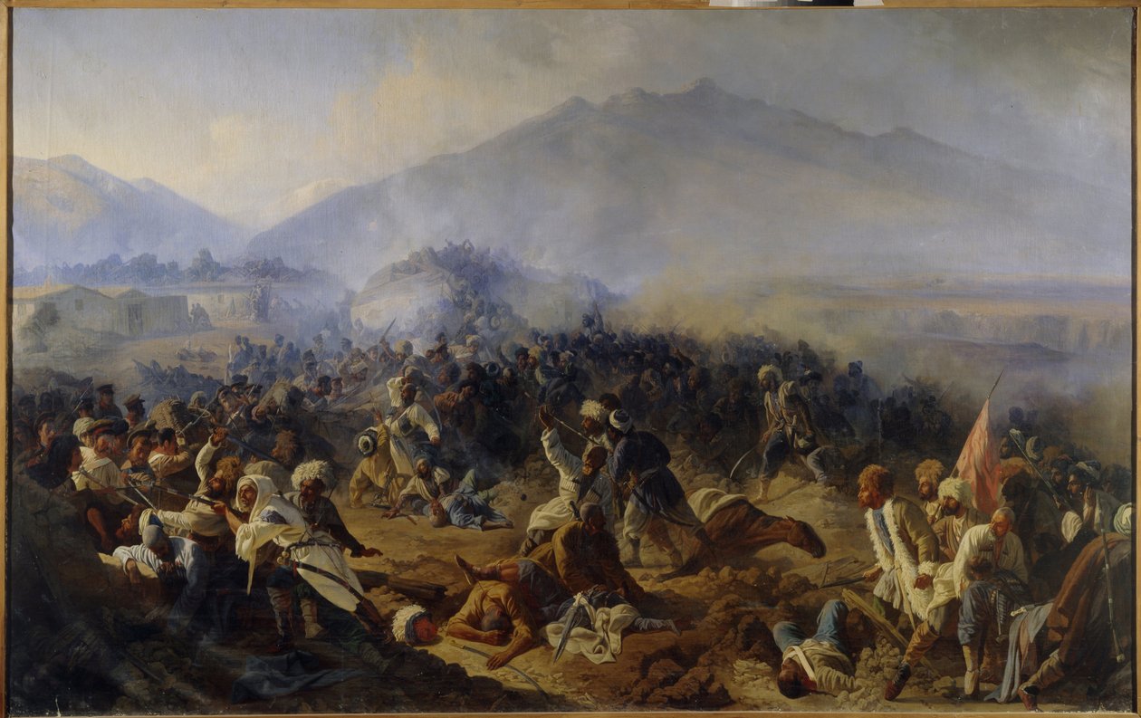 حصار أختي عام 1848. مشهد قتالي في جبال شمال القوقاز ، بين الجيش الروسي وقوات الإمام شامل (شامل) (1797-1871) ، الذي قاد محاربيه في الرغبة في الاستقلال ولأسباب دينية ( الجهاد). رسم بواسطة بوليدور إيفانوفيتش باباييف