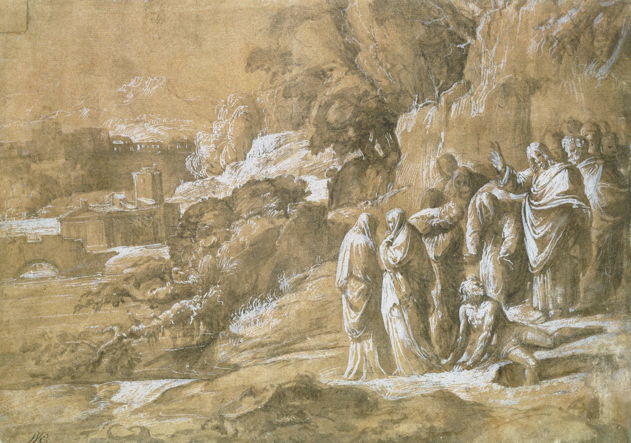 رفع لعازر (حبر الهند القلم البني والطباشير الأسود على ورق بني) بواسطة Polidoro da Caravaggio