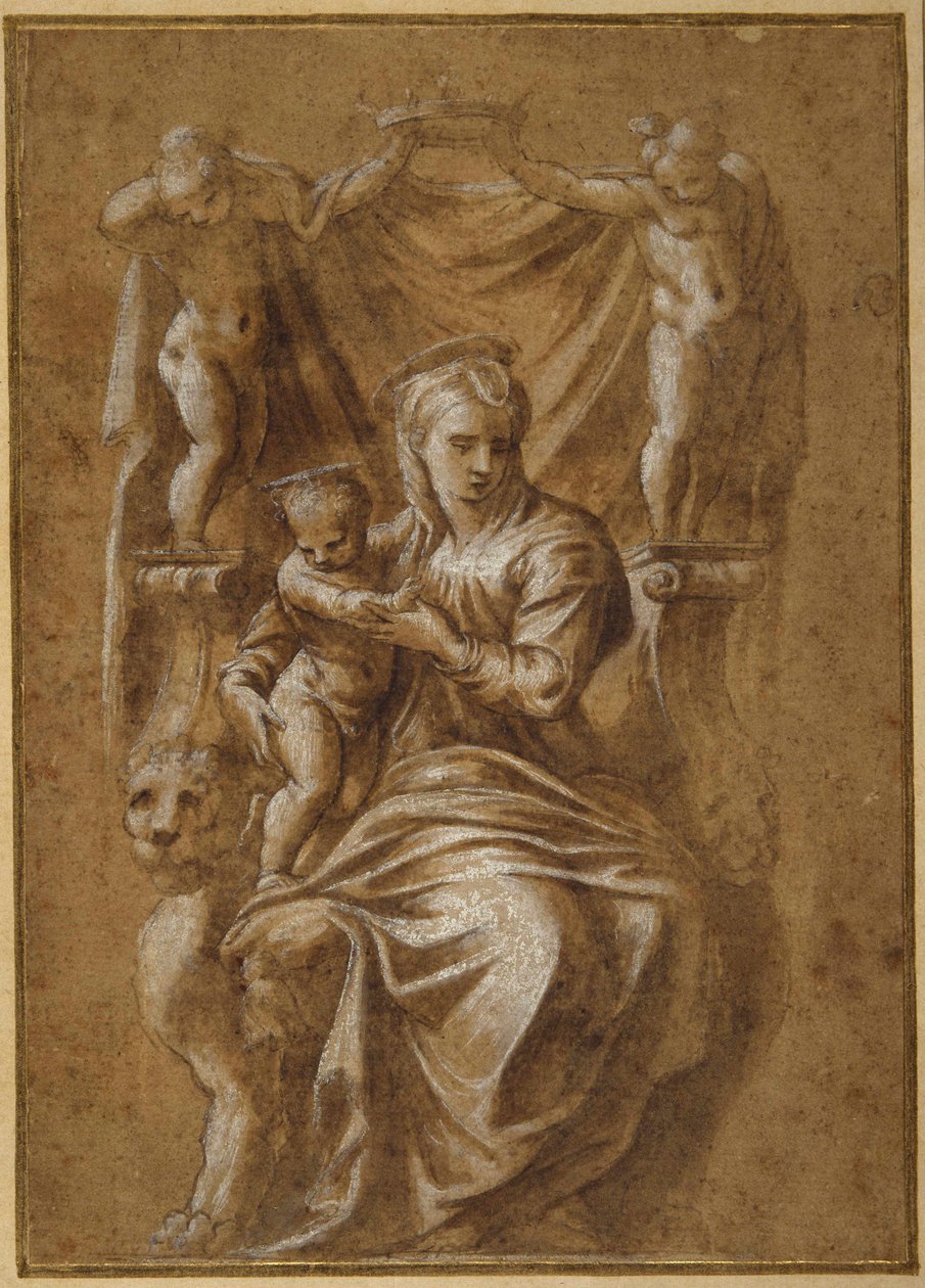 The Madonna and Child enthroned (pen & brown ink with body colour on paper) بواسطة بوليدورو دا (من أتباع) كارافاجيو