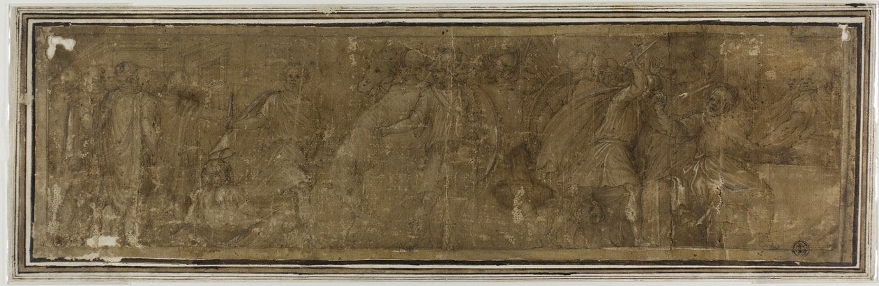 Mucius Scaevola يعبر نهر التيبر ، بقصد اغتيال بورسينا ولكن قتل أمين صندوقه بالخطأ بواسطة Polidoro da Caravaggio