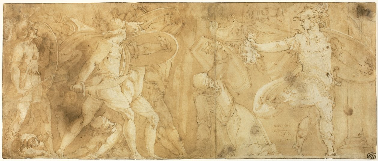فرساوس مع رأس ميدوسا ، يحول فينوس وأتباعه إلى حجر بواسطة Polidoro da Caravaggio