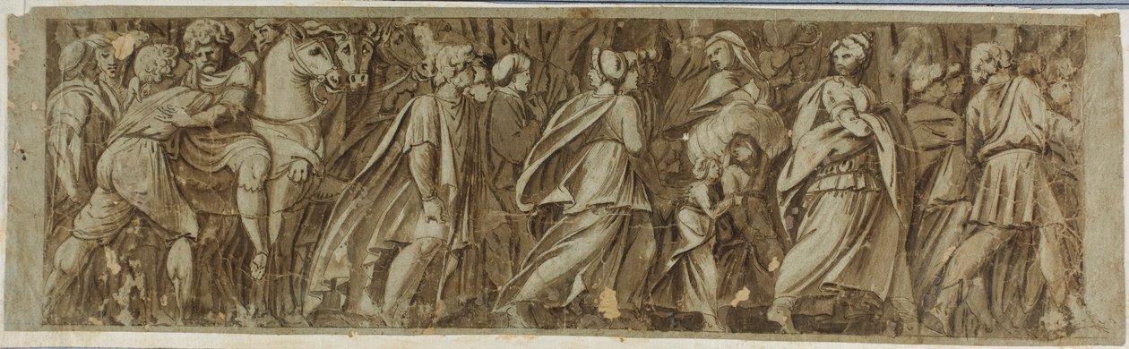 سابين يعبر نهر التيبر لحضور الألعاب الرومانية بواسطة Polidoro da Caravaggio