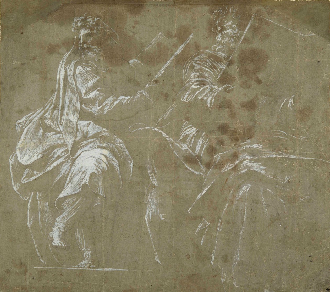 Two bearded prophets seated, holding open books (white body colour on grey paper) بواسطة Polidoro da Caravaggio