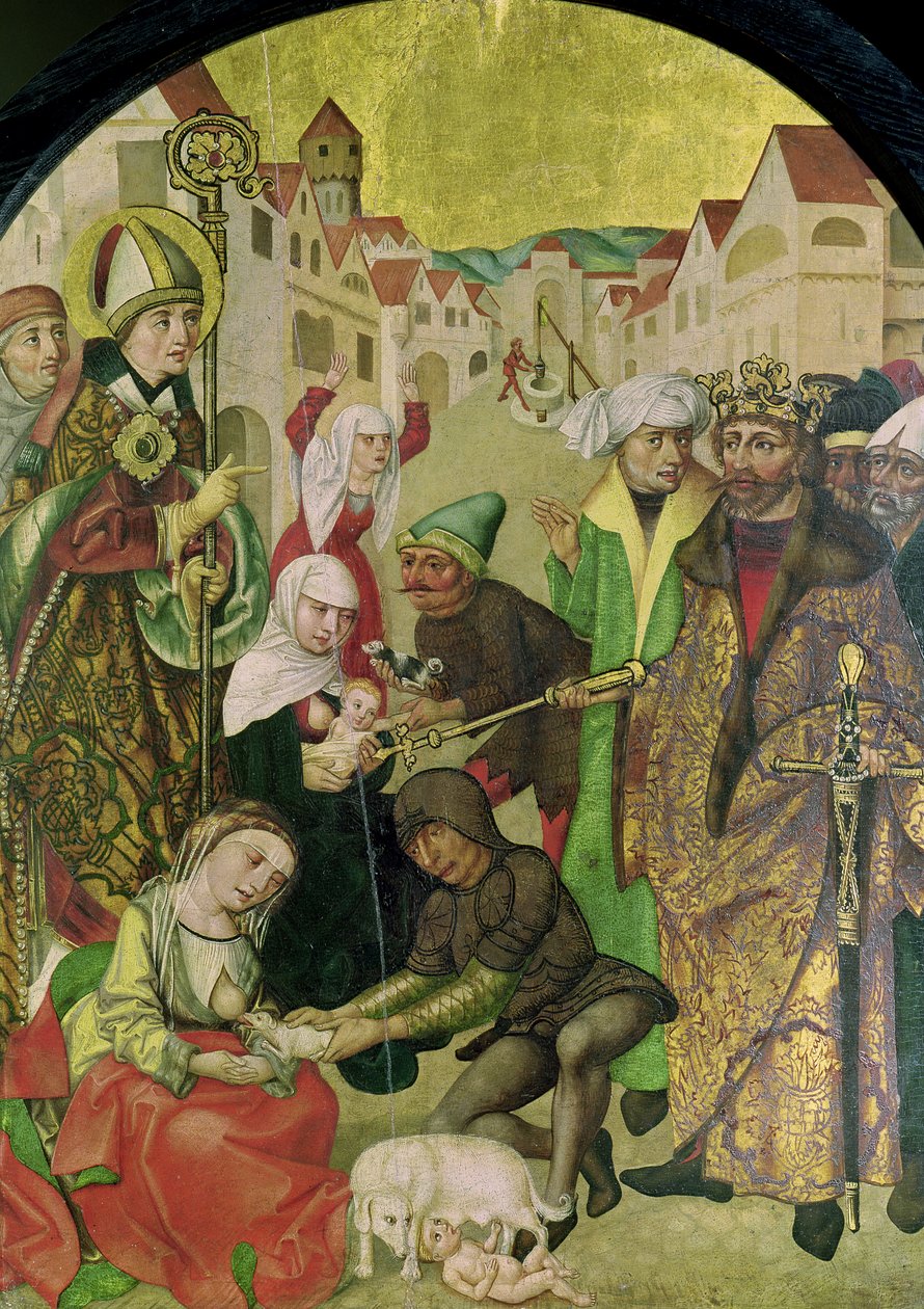 ستانيسلاس (1030-1079) يراقب عقاب الزوجات غير المؤمنين كما قادته لوحة الملك بولسلاس الثاني (1039-81) من مذبح القديس ستانيسلاس بواسطة المدرسة البولندية