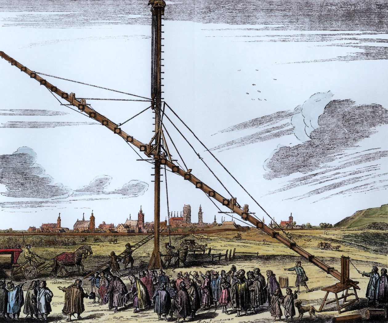 التلسكوب الفلكي الكبير ليوهانس هيفيليوس (1611-1687) التوضيح من Machina Coelestis بواسطة Hevelius ، Gdansk ، نشر 1670 (تلوين لاحق) بواسطة المدرسة البولندية