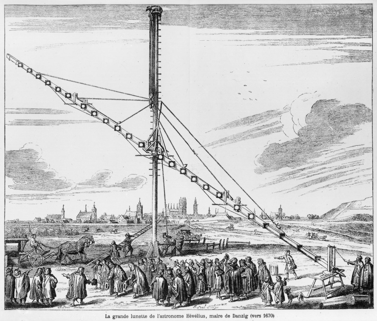 التلسكوب الفلكي الكبير ليوهانس هيفيليوس (1611-1687) التوضيح من Machina Coelestis بواسطة Hevelius ، Gdansk ، نشر 1670 بواسطة المدرسة البولندية
