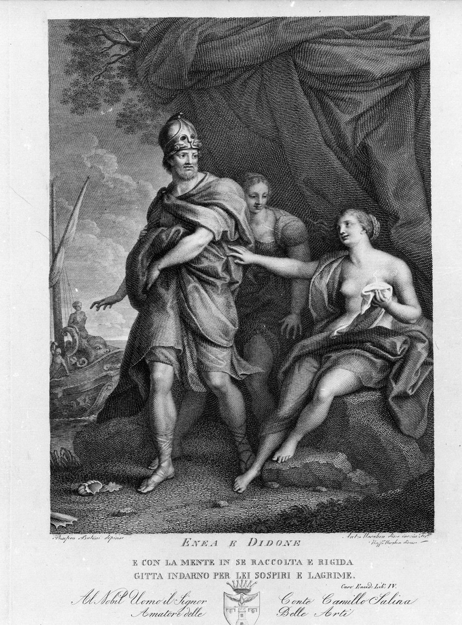 Eneide de Virgil (70 قبل الميلاد - 19 قبل الميلاد) ، الكتاب الرابع ، أبطال طروادة Enee يتخلى عن ديدون الذي يائس من الانتحار. نقش على لوحة رسمها بومبيو باتوني (1708-1787) بواسطة بومبيو جيرولامو (بعد) باتوني