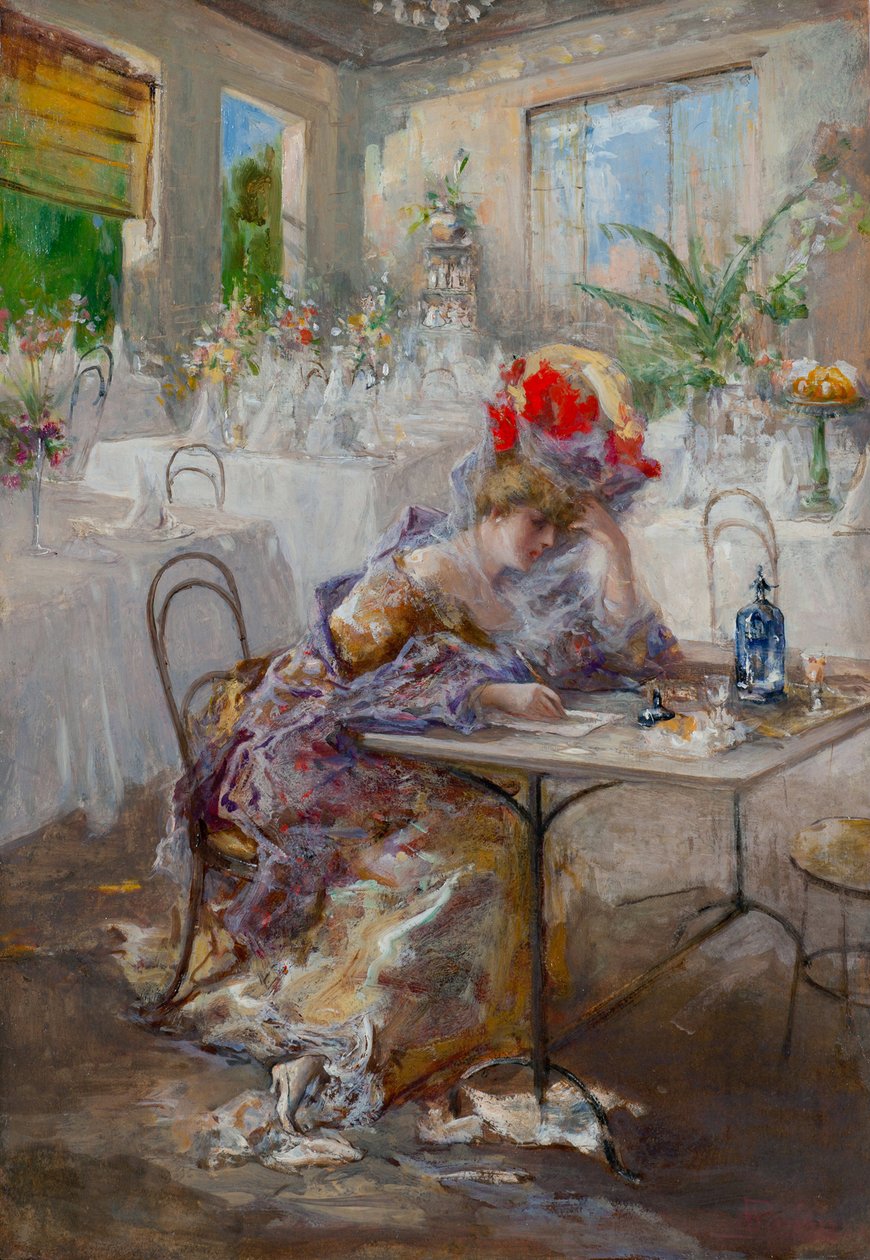 خطاب (أو سيدة في المقهى) قدمه مارياني ، بومبيو (1857-1927). زيت على كرتون ، مقاس: 49x34 بواسطة بومبيو مارياني
