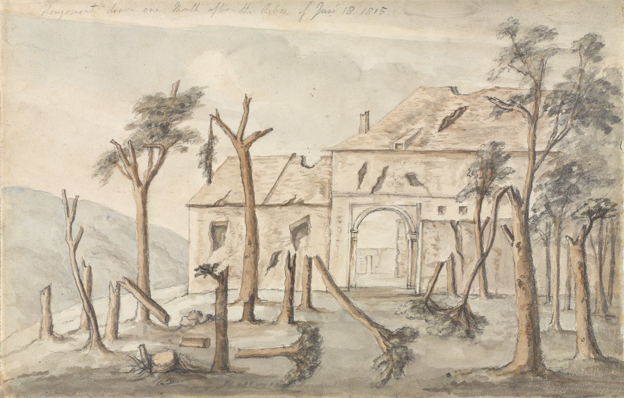 رسم Hougoumont بعد شهر واحد من عمل 18 يونيو 1815 ، يوليو 1815 (قلم رصاص ومرحاض على ورق) بواسطة بونسونبي