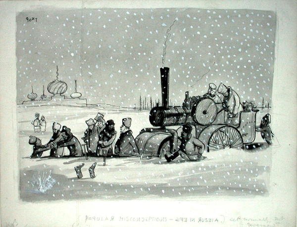 المفاهيم الخاطئة الشائعة: الحياة في روسيا ، رسم توضيحي من Punch ، نُشر في 27 ديسمبر 1939 (قلم حبر ، حبر ، ألوان مائية أحادية اللون ولون جسم على ورق) بواسطة بونت