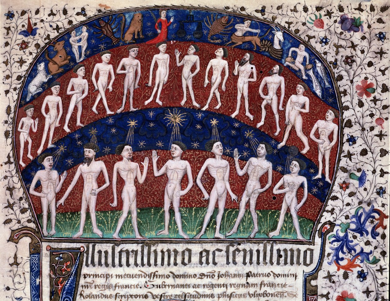 لشبونة ، MS 52-XIII-18 f.1r ، صورة مصغرة تمثل المراسلات بين الأعضاء والكواكب وتأثير النجوم على الحالة المزاجية ، من "Physionomia Rolandi Ulixbonensis" ، بقلم Rolandus Scriptoris بواسطة المدرسة البرتغالية