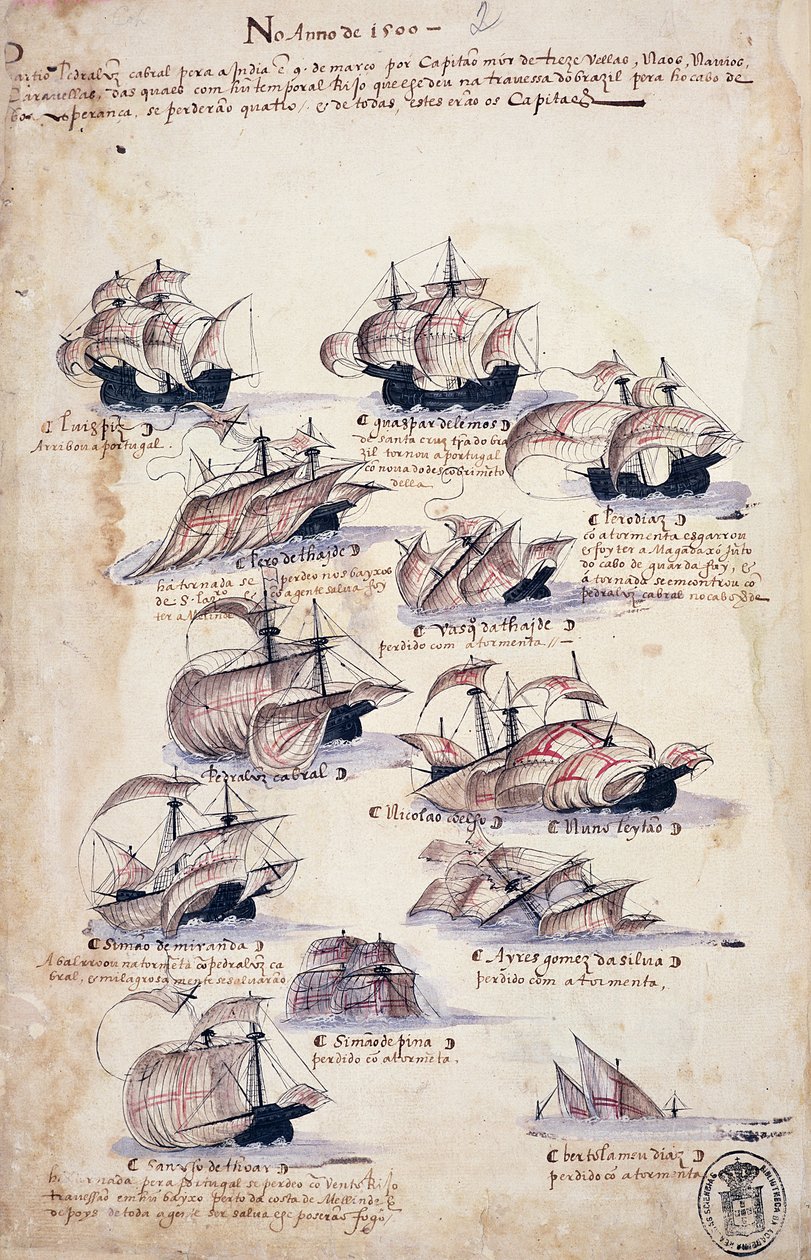 بيدرو ألفاريس كابرال (c.1467-c.1520) الوصول إلى البرازيل عام 1500 ، من "Libro dea Armadas" بواسطة المدرسة البرتغالية