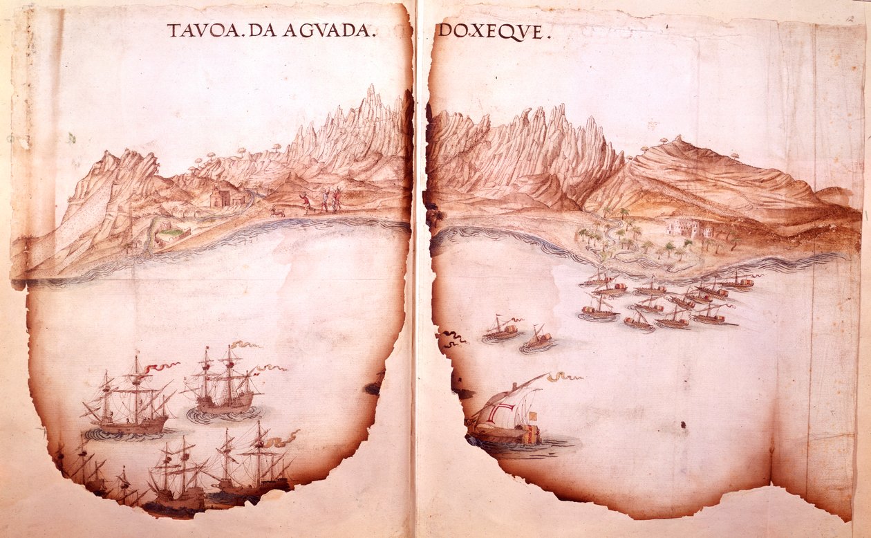 Cotton Tiberius D. IX ، ص ص. ١١ ص -١٢ منظر لأغوادا ، رسم توضيحي من "مسار رحلة غوا إلى البحر الأحمر" ، بقلم إستيفاو دي جاما بواسطة المدرسة البرتغالية