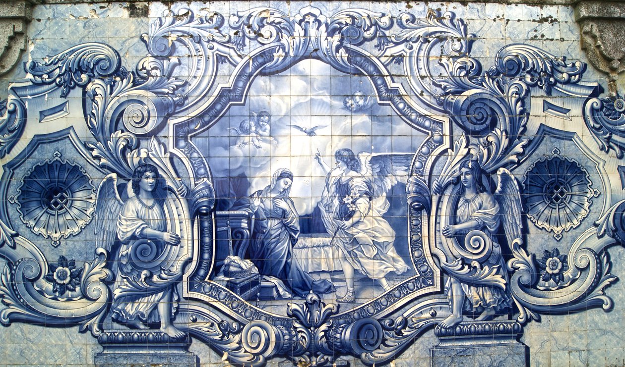 لوحة زخرفية تصور البشارة ، لاميجو ، البرتغال. 1738 (سيراميك) بواسطة المدرسة البرتغالية