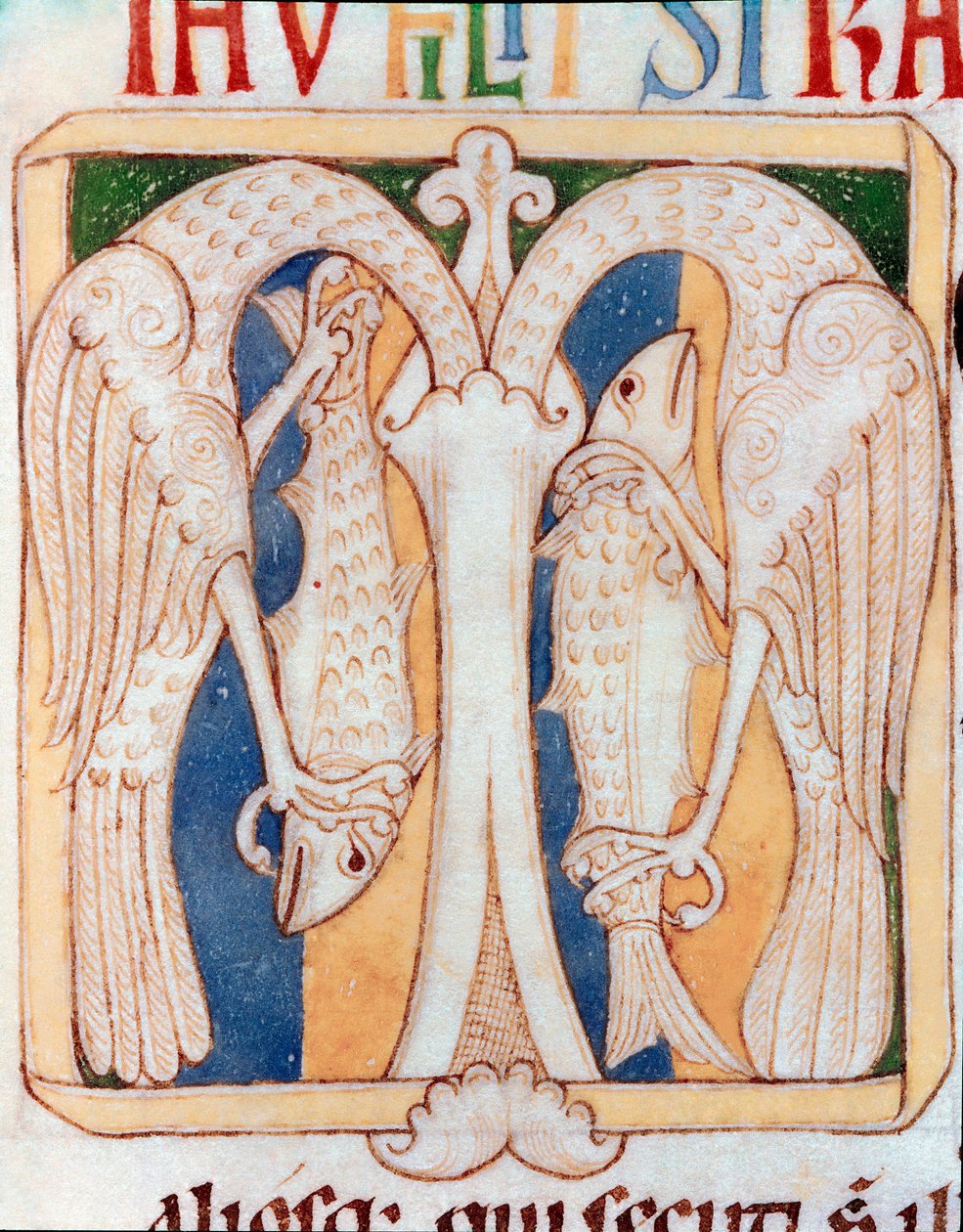 ورق مزخرف من مالك الحزين والأسماك. صورة مصغرة من مخطوطة "Testamentum Vetus" من Sancta Cruz de Coimbra. القرن الثاني عشر. بورتو ، مكتبة البلدية بواسطة المدرسة البرتغالية
