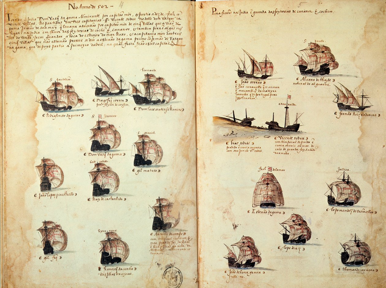 صفحة مخطوطة "" نصب تذكارية لأسطول البرتغال في عهد الملك مانويل الأول (1469-1521) "تمثل الأساطيل البرتغالية. 1533 ب. باريس بواسطة المدرسة البرتغالية