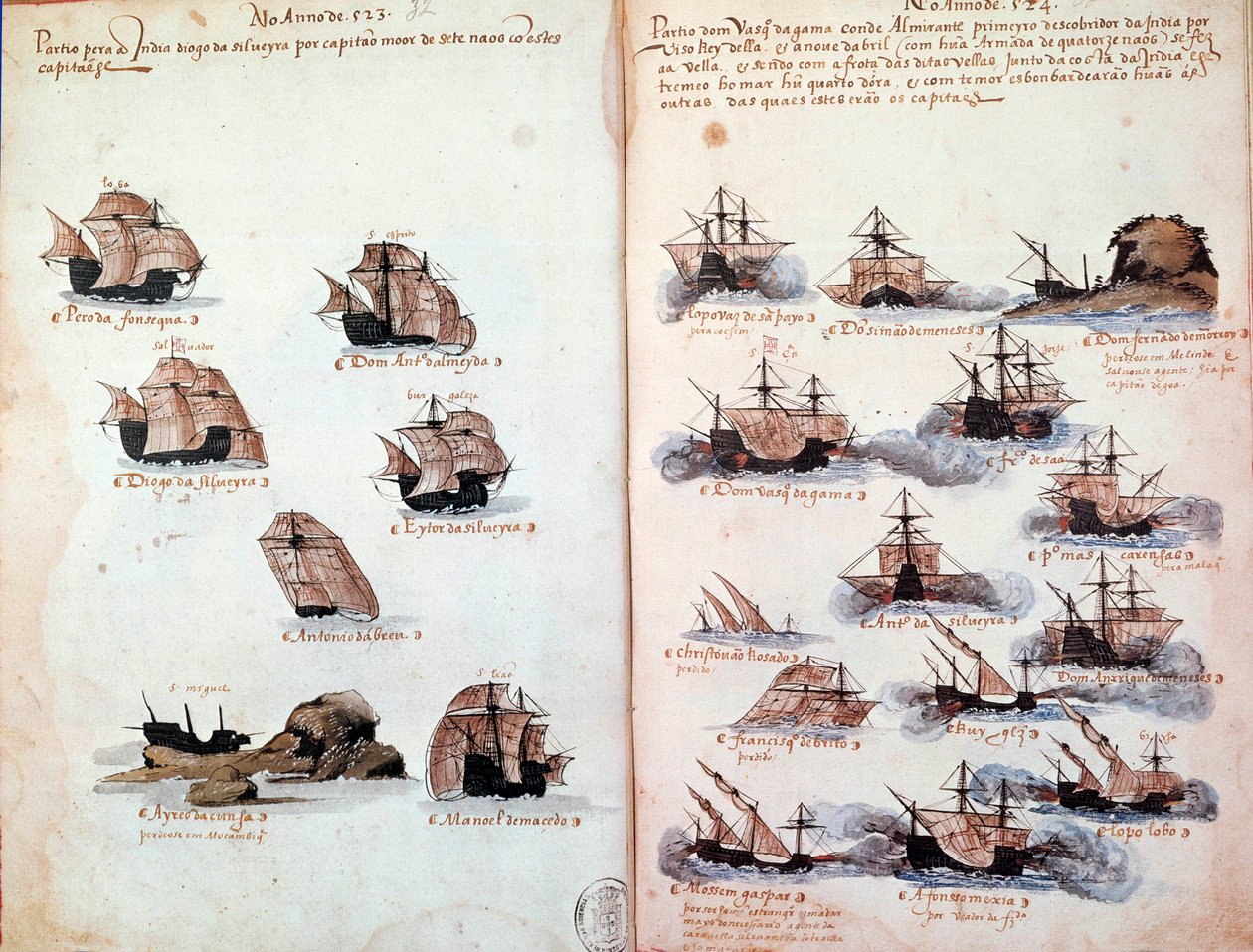 Manuscript page “” Memorials of the armadas of Portugal under King Manuel I (1469-1521)”” representing the Portuguese fleets. 1523 B.N. Paris بواسطة المدرسة البرتغالية