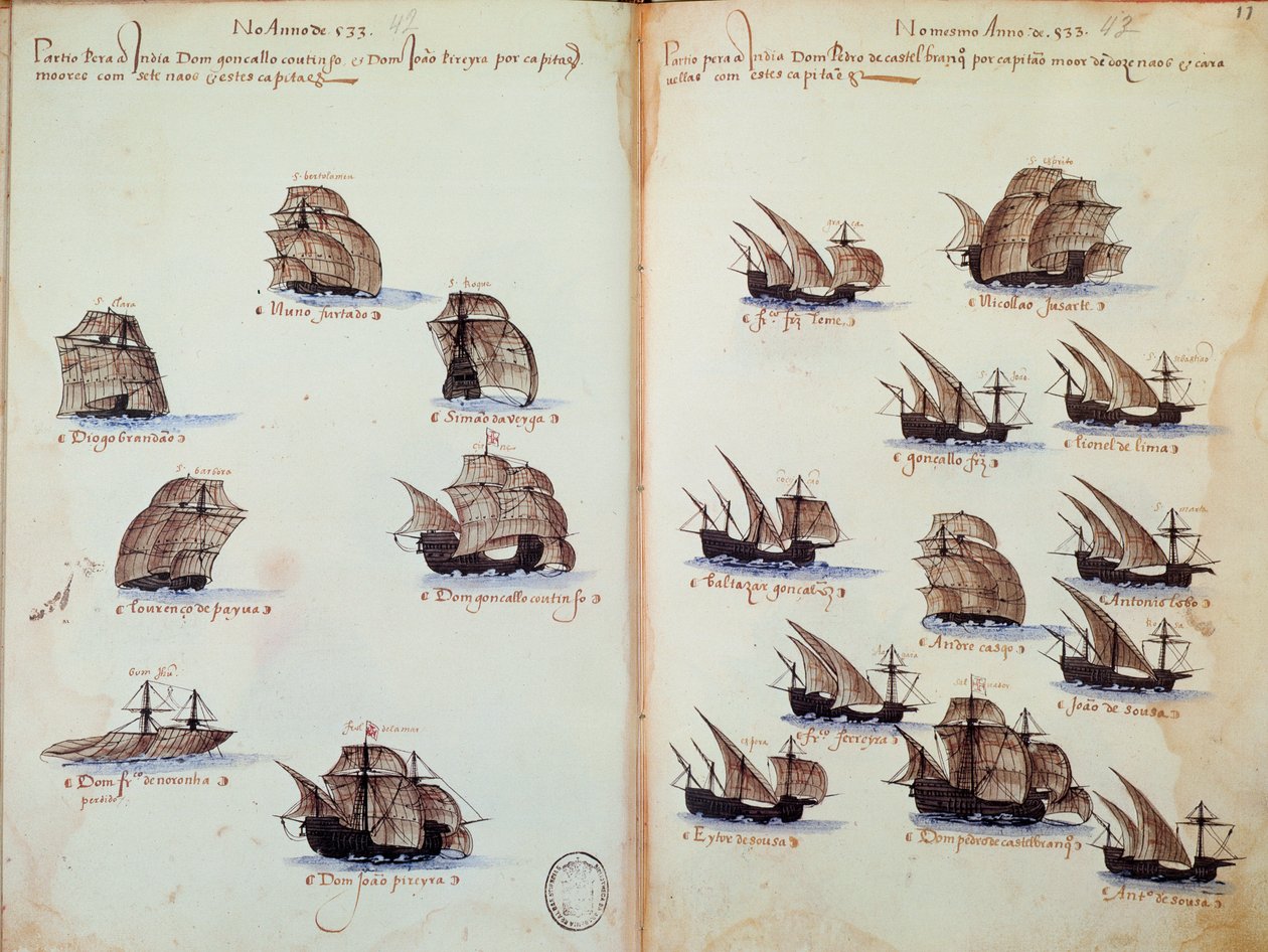 صفحة مخطوطة "" نصب تذكارية لأسطول البرتغال في عهد الملك مانويل الأول (1469-1521) "تمثل الأساطيل البرتغالية بواسطة المدرسة البرتغالية